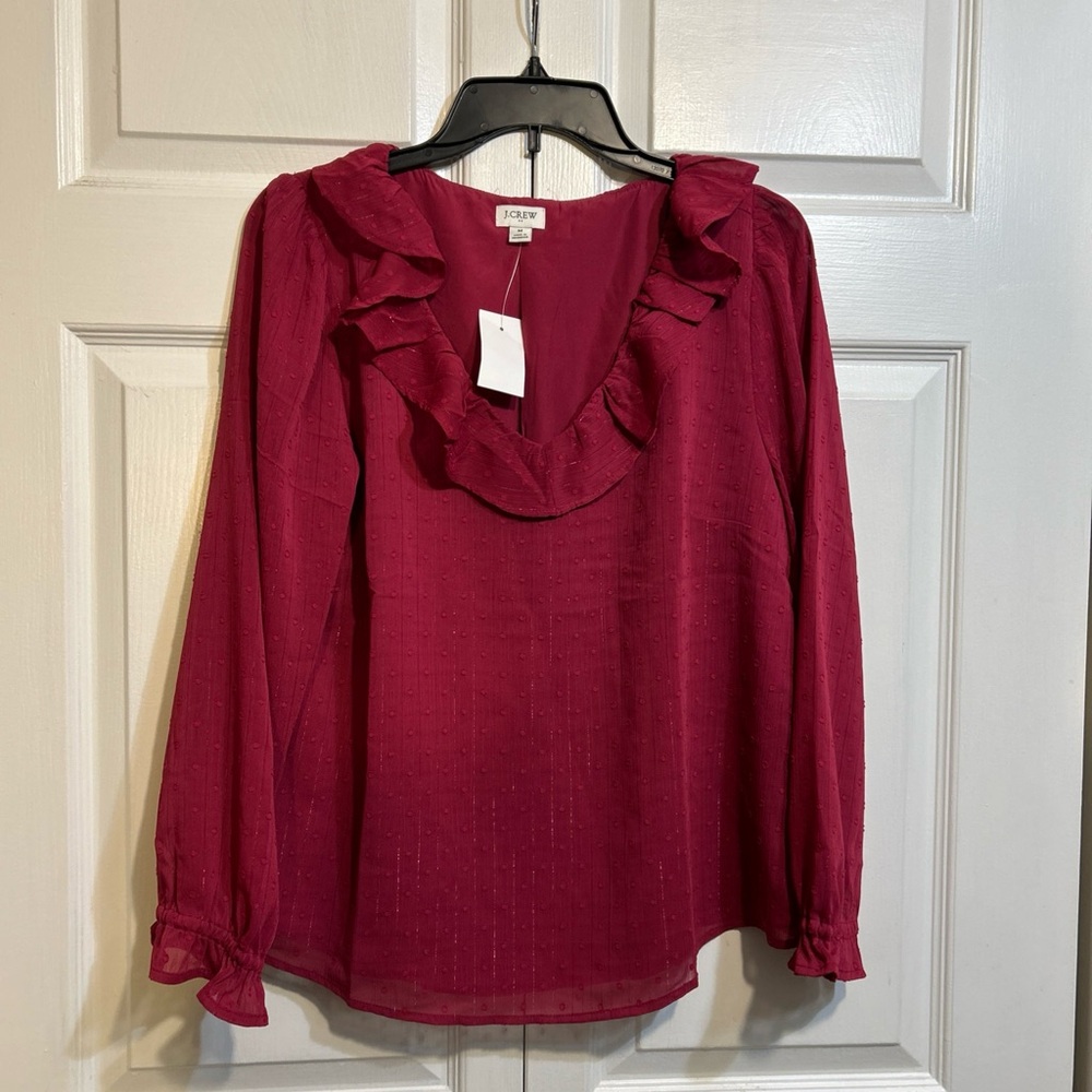 NWT J.Crew Long Sleeve Ruffle Top Size M Medium Plum Shade Metallic Semi Sheer